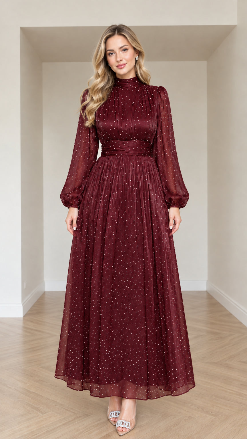 Front view of woman wearing Burgundy wine red sparkle dot long sleeve evening dress