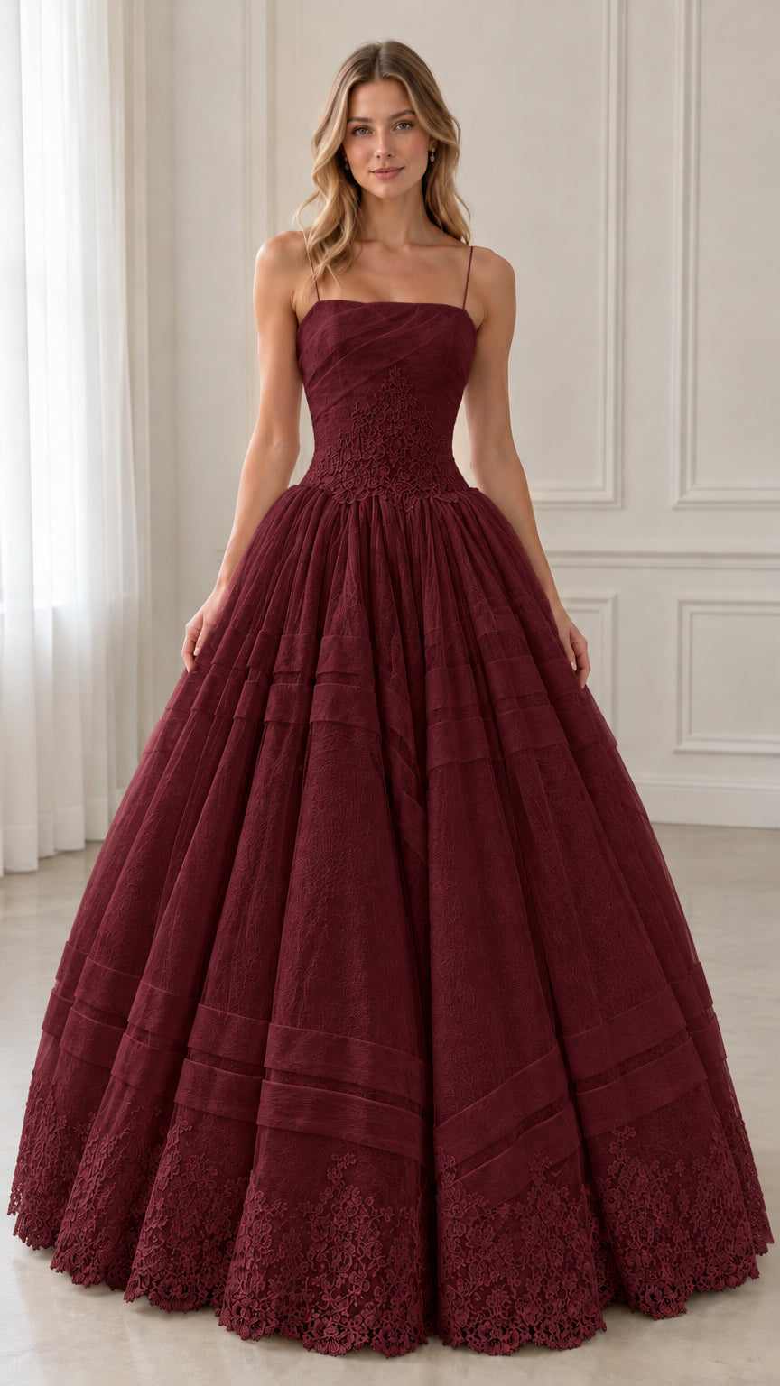 Burgundy wine red spaghetti strap lace ballgown formal evening dress