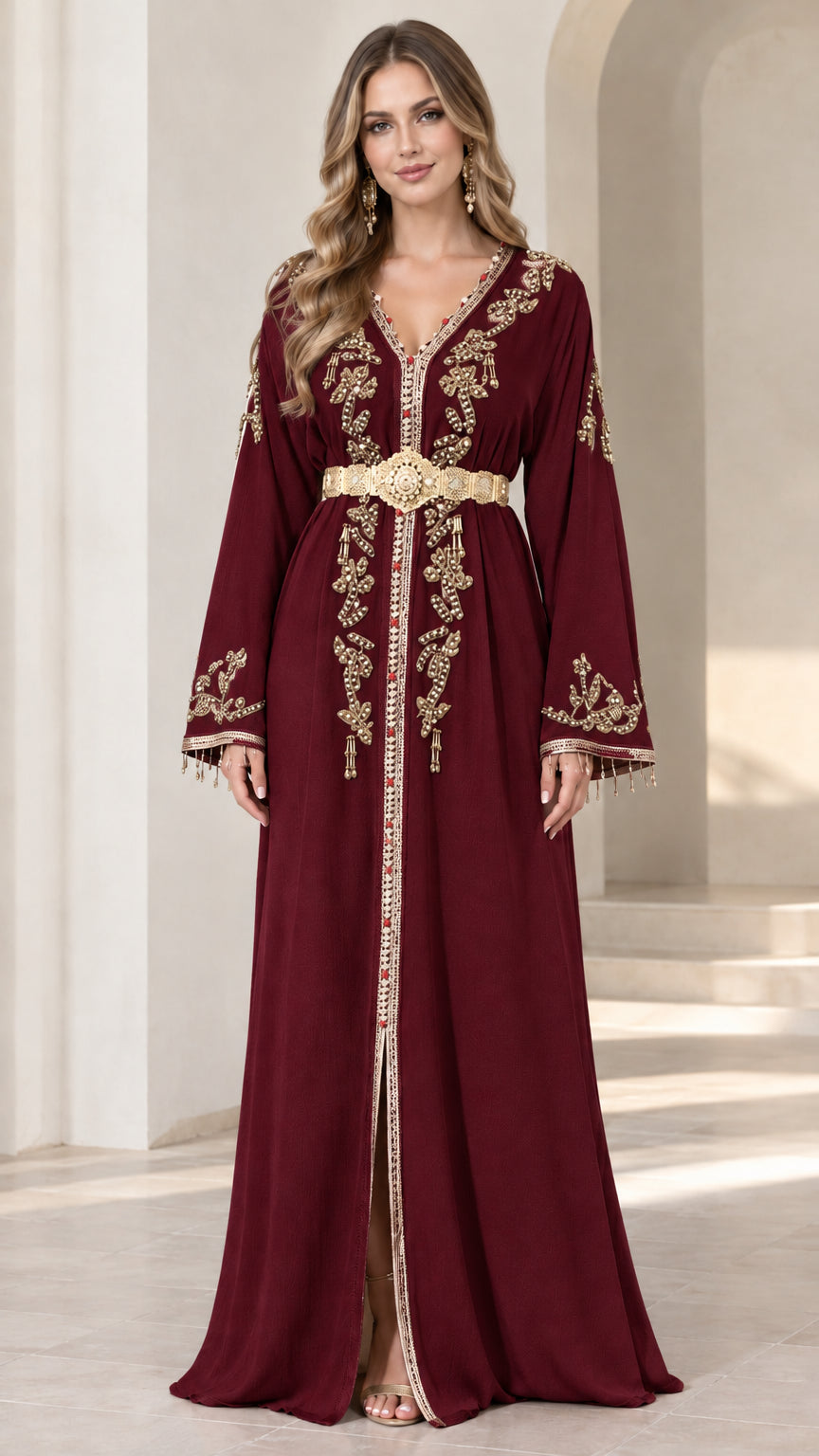 Front view of burgundy embroidered caftan maxi dress with gold belt