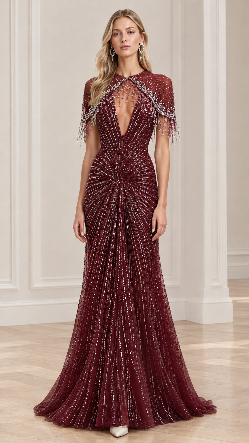 Front view of burgundy red embellished formal gown with plunge neck and cape sleeves