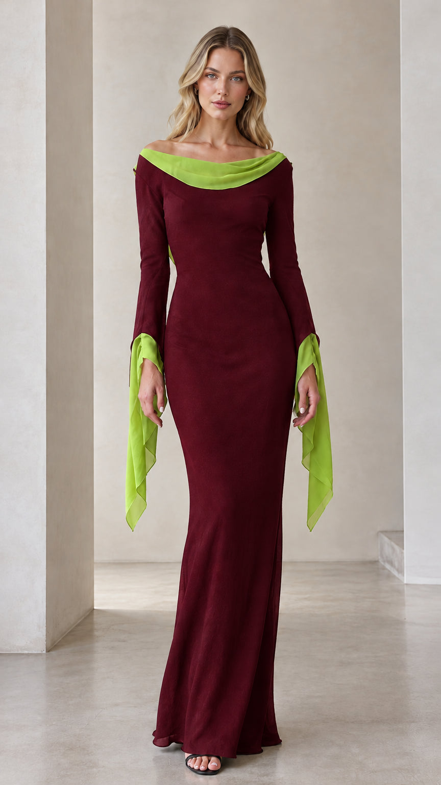 Burgundy floor-length dress with contrast cowl neck detail