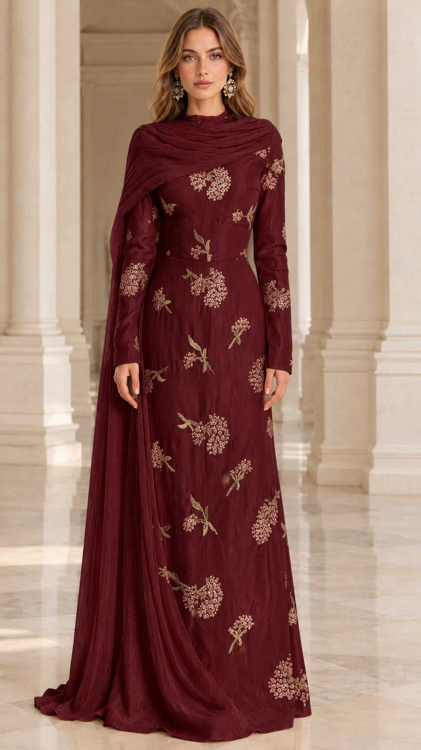 Burgundy wine long sleeve floral embroidered maxi gown