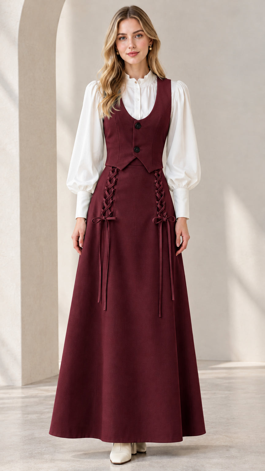 Full front view of burgundy tailored vest and lace-up maxi skirt set