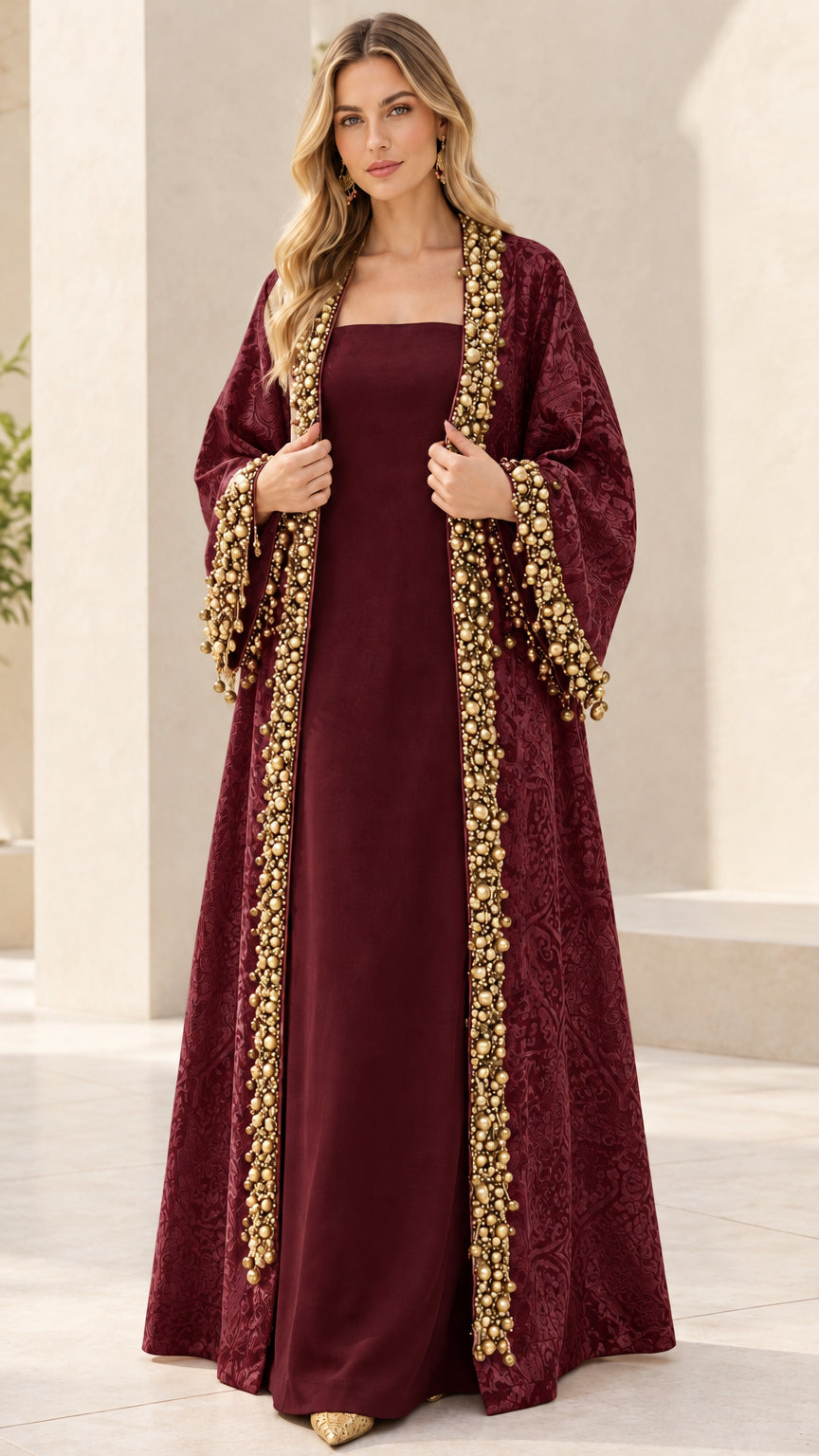 Model wearing Burgundy red jacquard abaya dress set with elaborate bead detailing