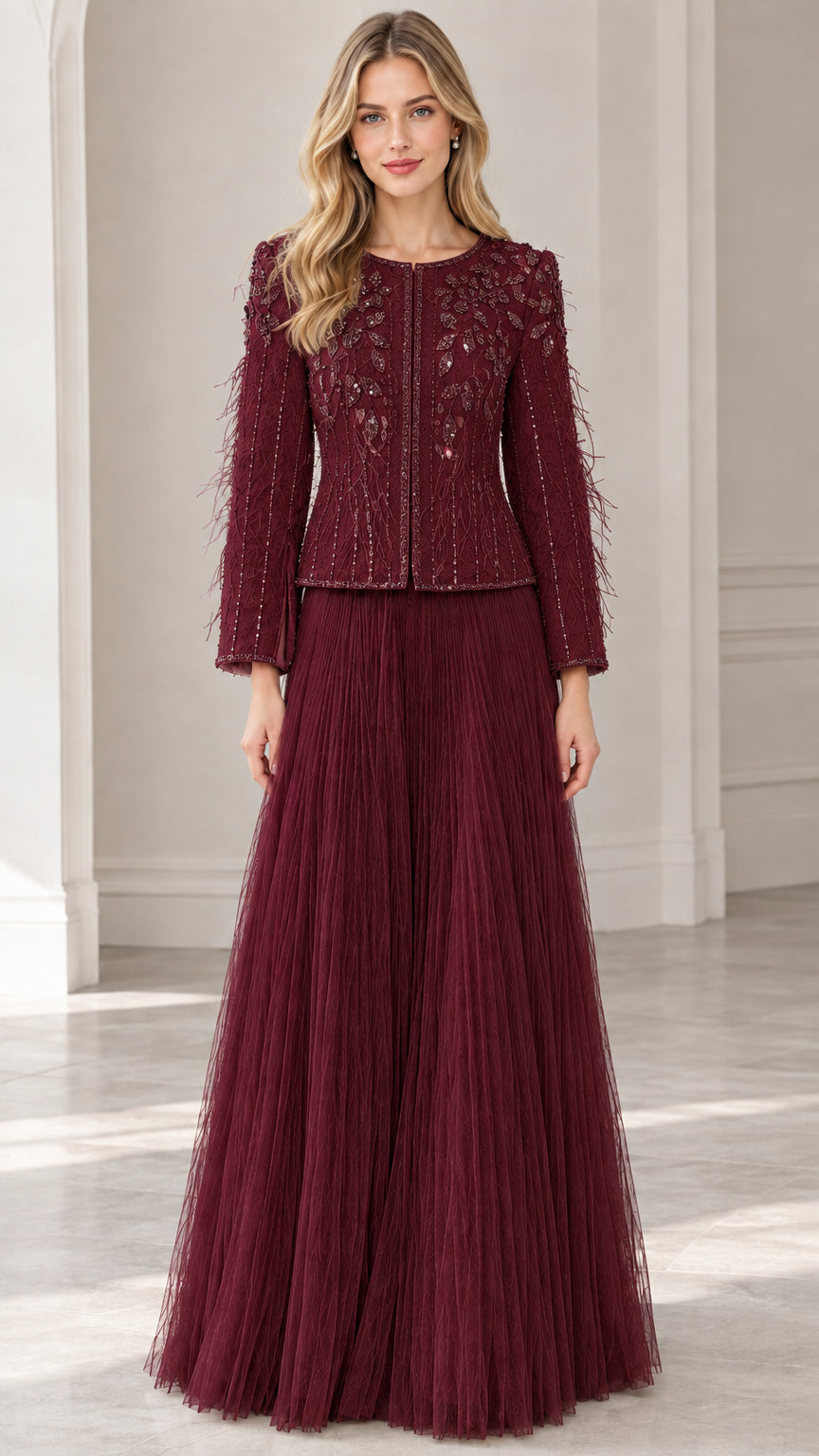 Burgundy wine red embellished jacket and pleated tulle evening gown set