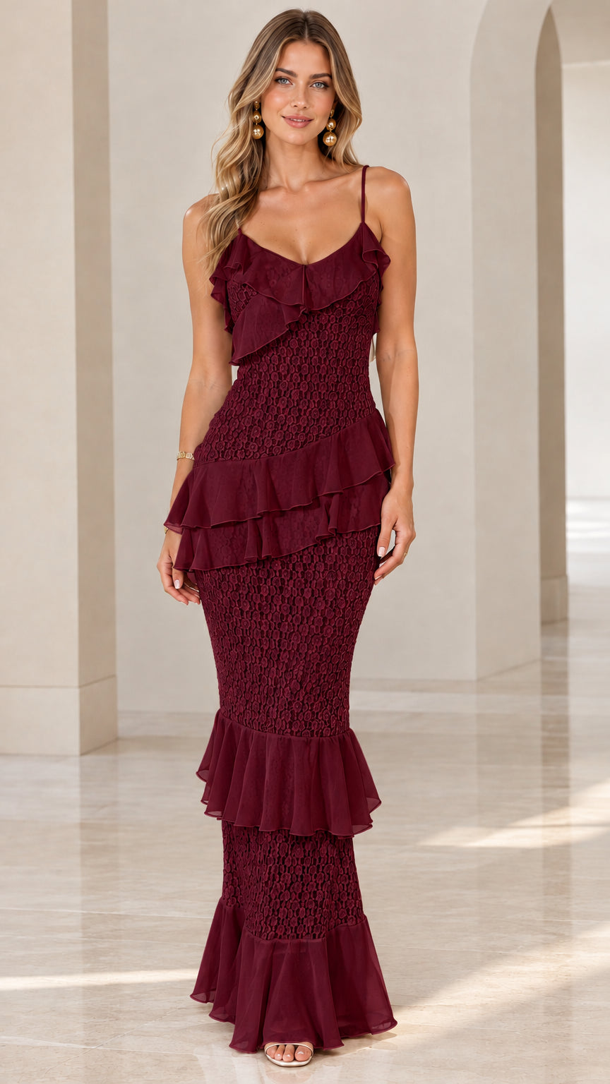 Model wearing burgundy tiered ruffle lace maxi dress