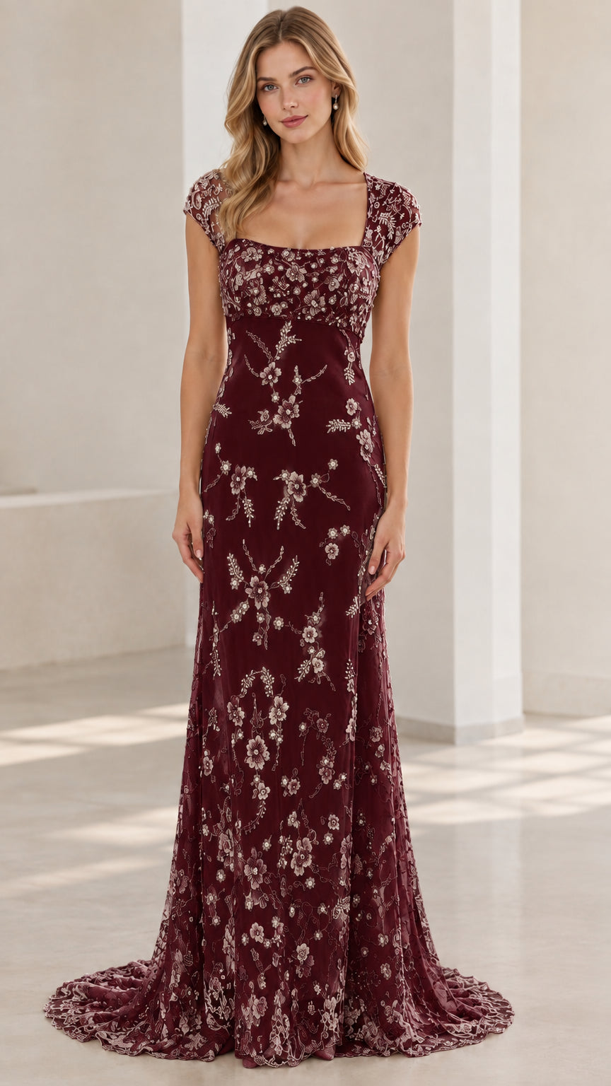 Burgundy wine beaded cap sleeve maxi evening dress front view