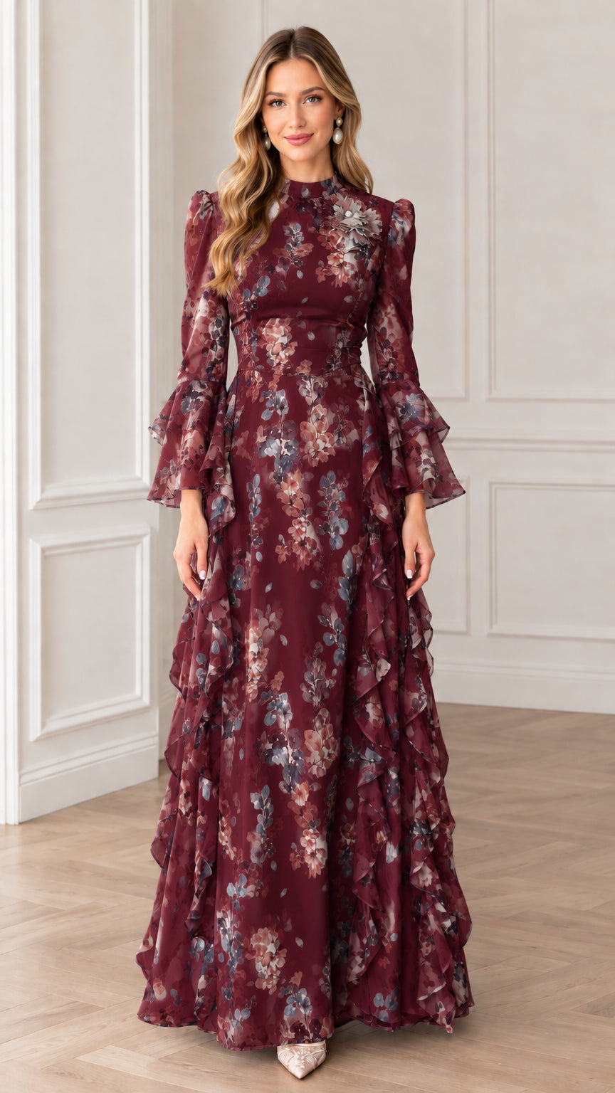Full-length view of Burgundy floral print high neck ruffle maxi dress