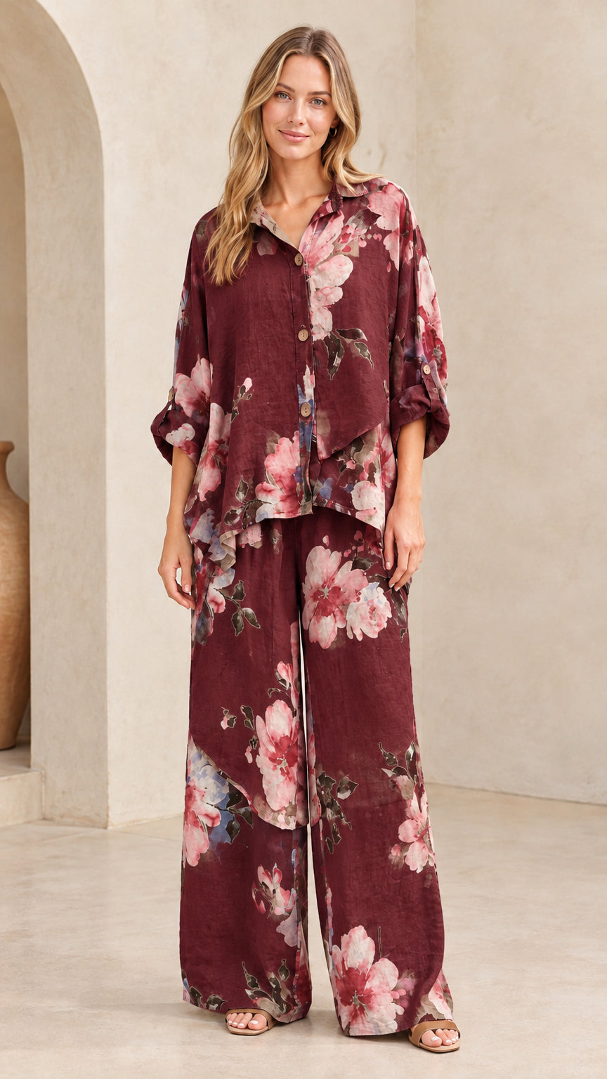 Burgundy floral print matching two-piece shirt and pants set