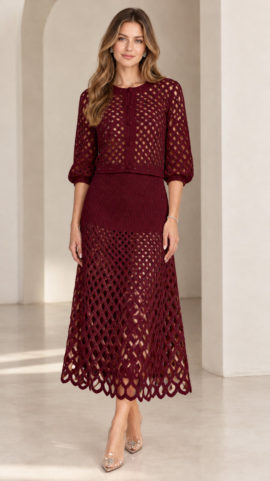Burgundy wine red openwork knit two-piece skirt set