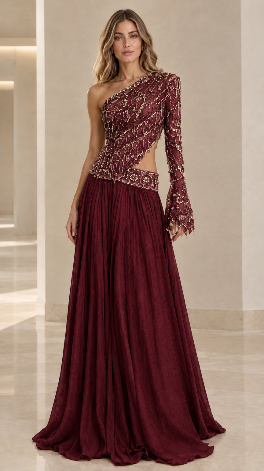 Burgundy wine one-shoulder beaded cutout evening dress