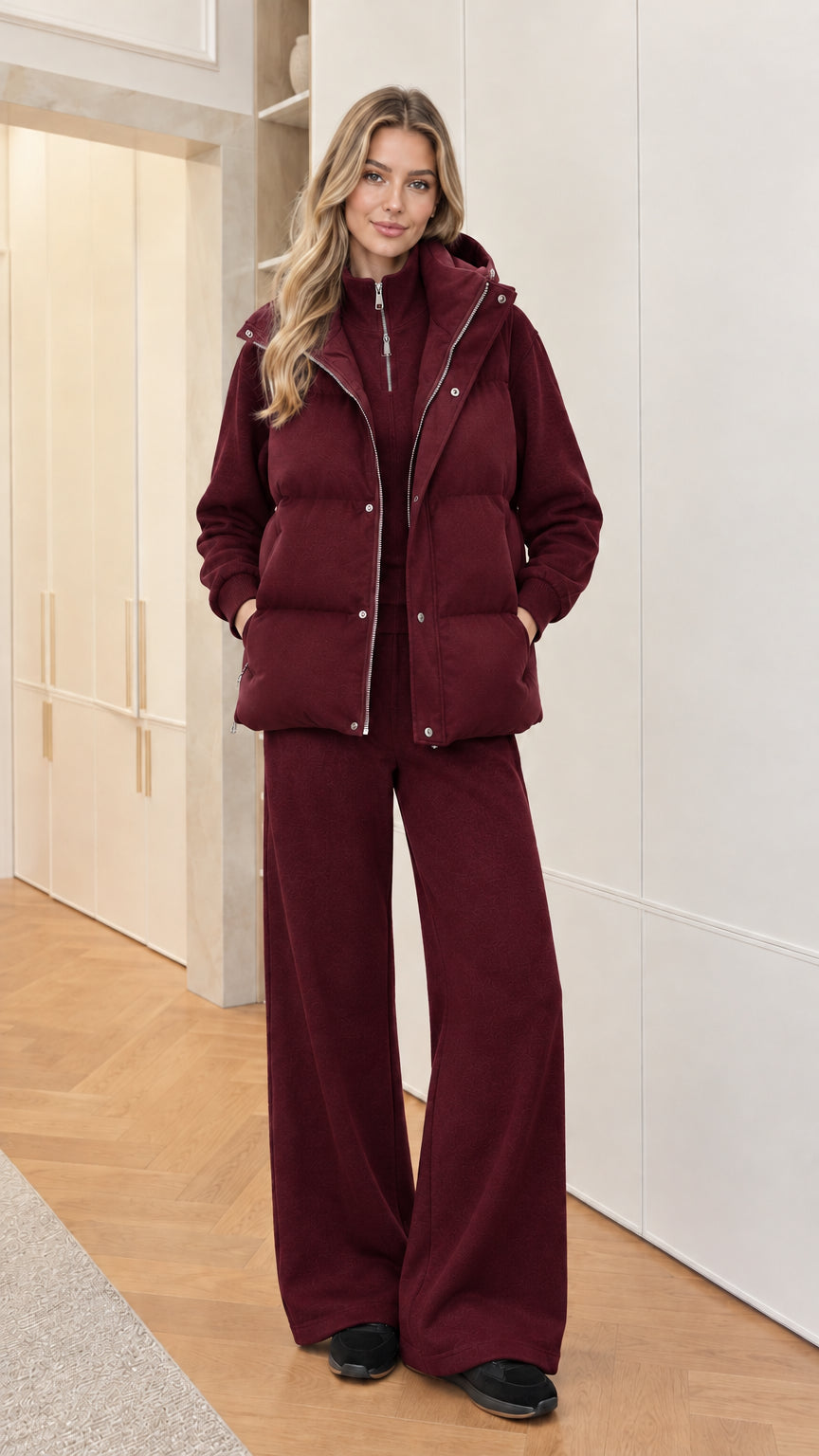 Women's 3-piece hooded puffer vest and lounge set in Burgundy