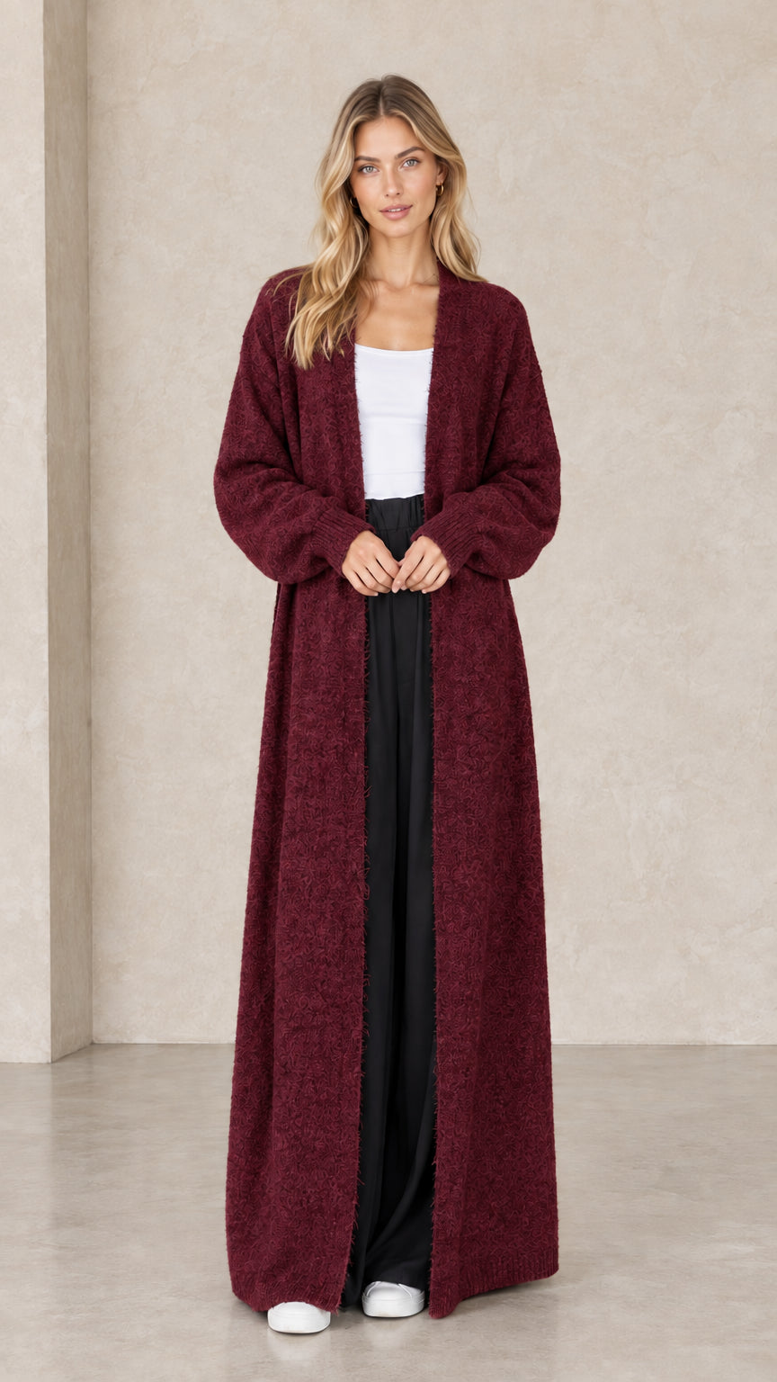 Full-length view of rich burgundy wine open-front maxi cardigan