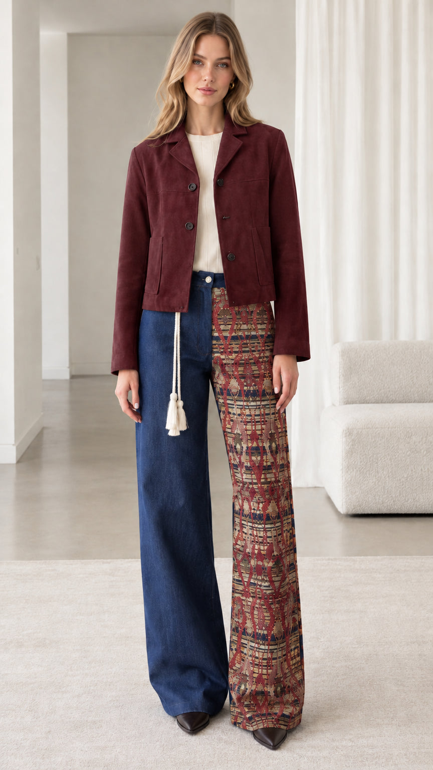 Model wearing burgundy wine cropped button-down jacket