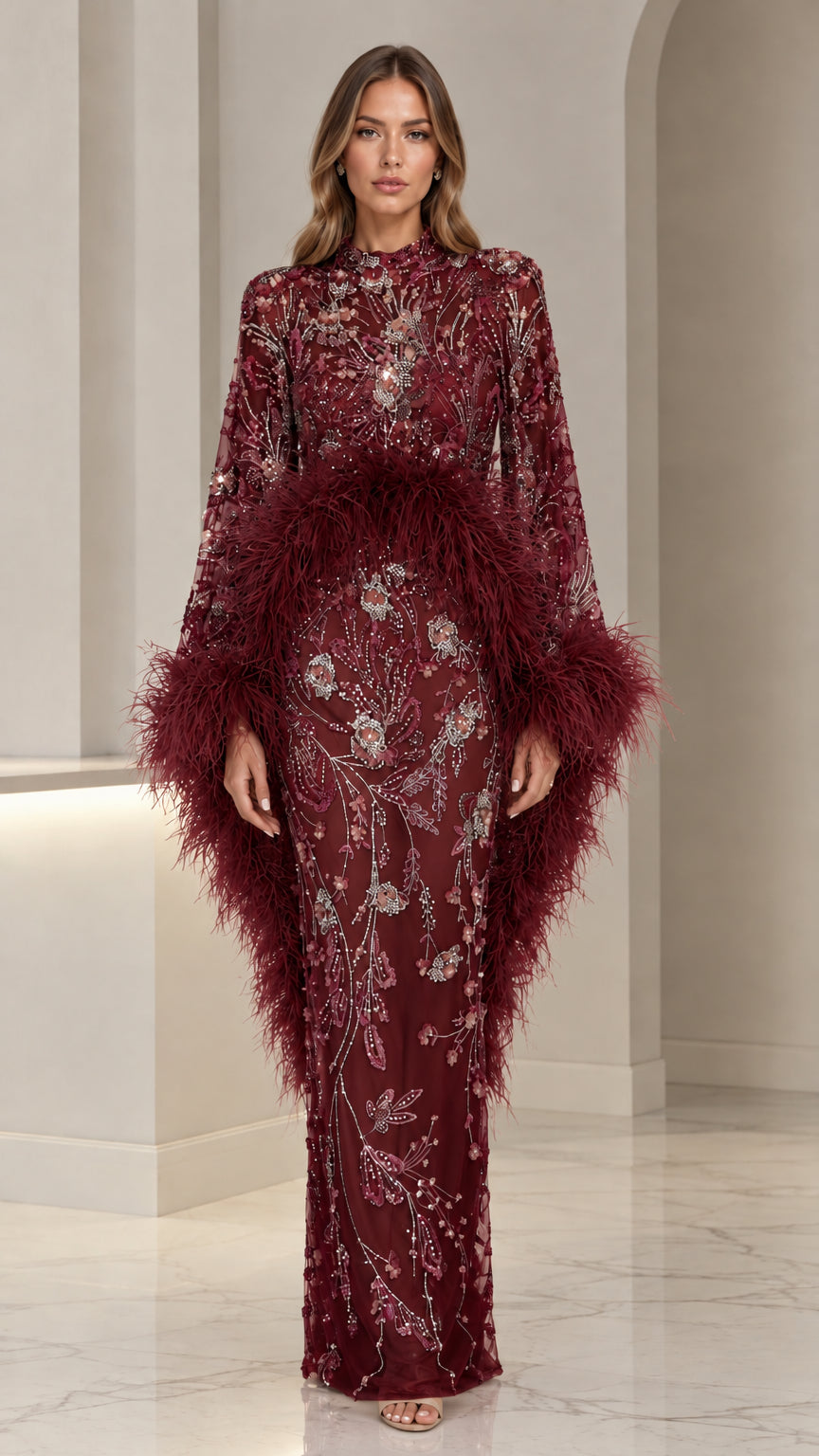 Woman wearing burgundy sequin embroidered evening gown with feather trim