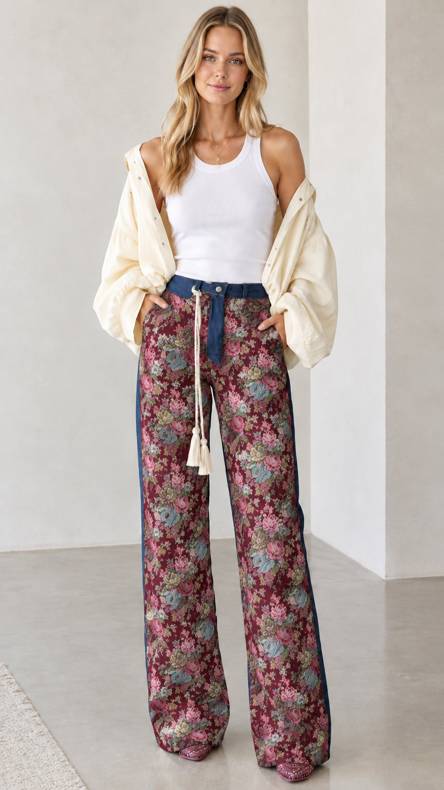 Model wearing Burgundy Floral wide-leg pants with denim side stripe