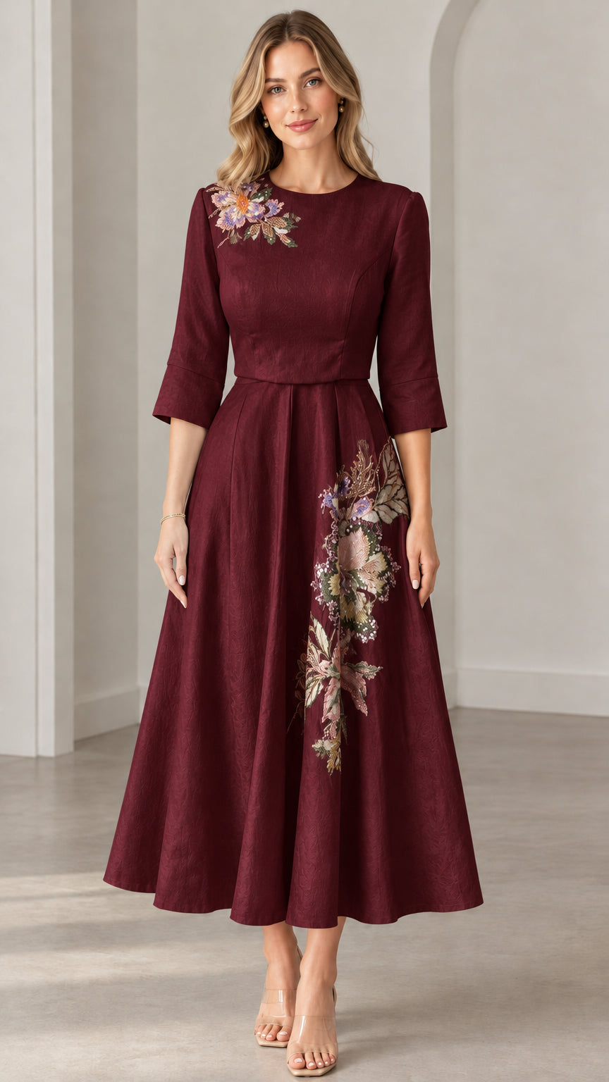 Front view of woman wearing Burgundy floral embroidered A-line midi dress