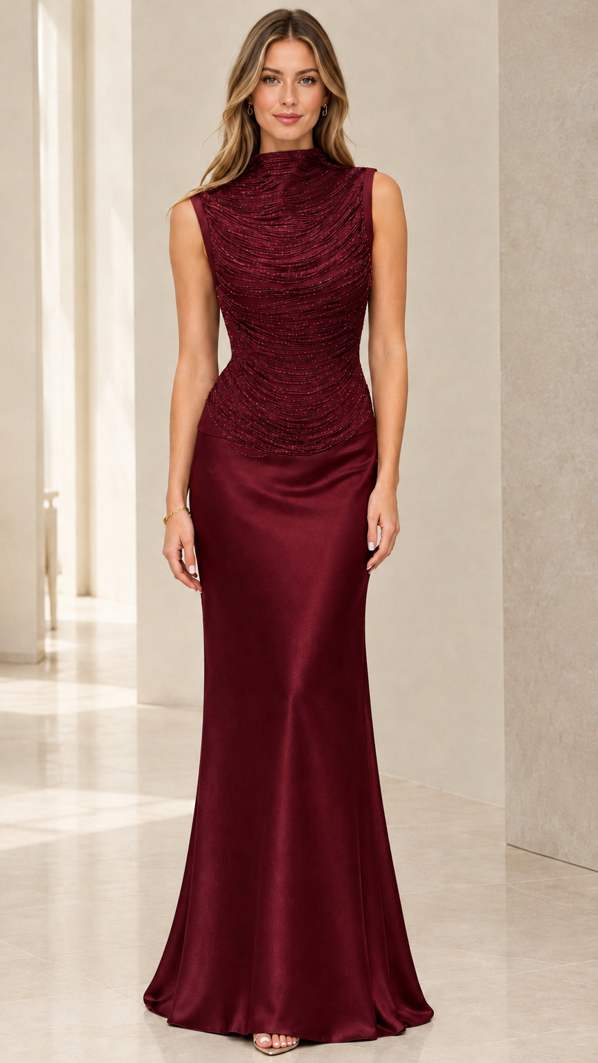 Front view of burgundy red high neck formal satin maxi dress