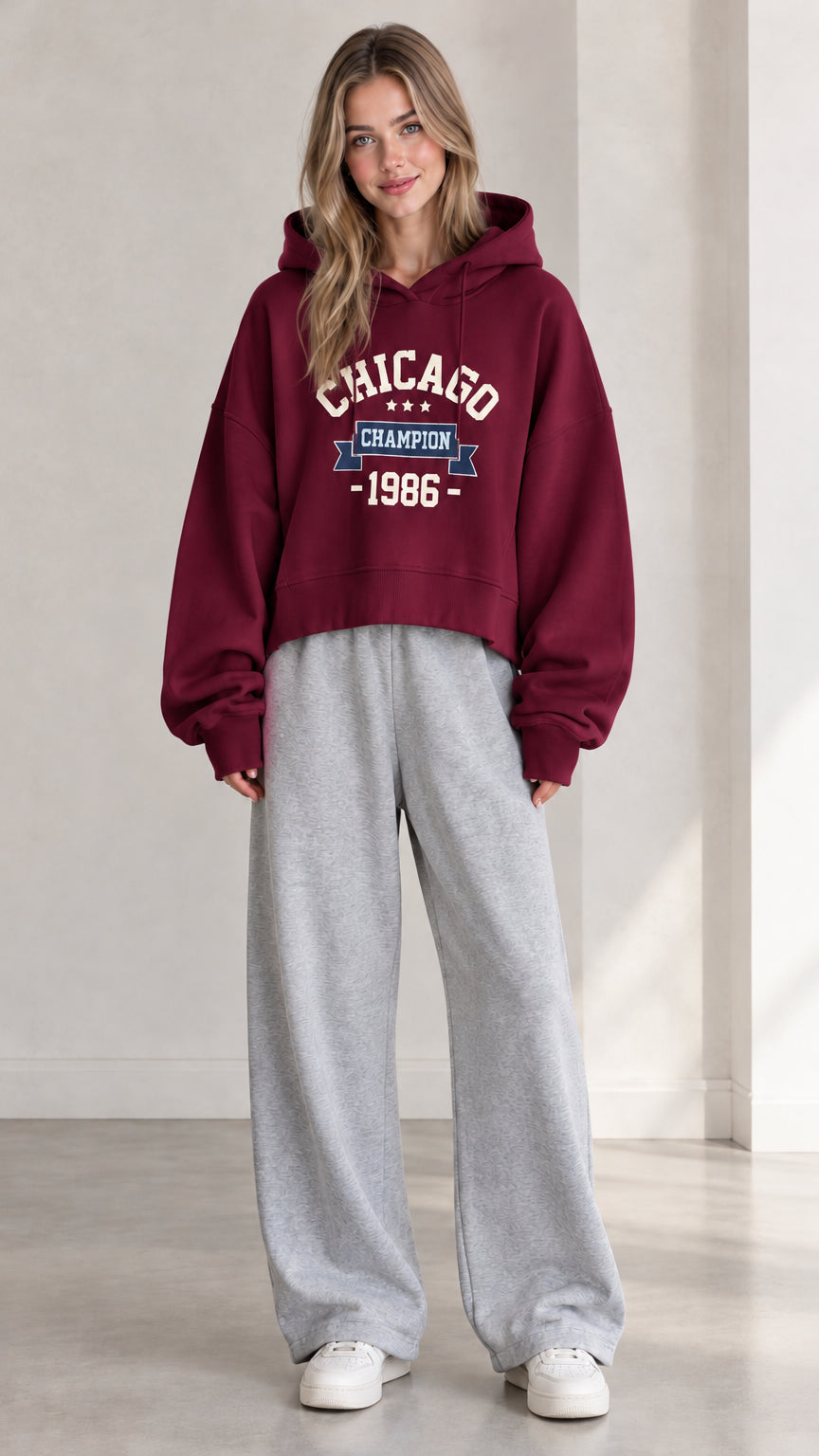 Front view of woman wearing Burgundy Chicago graphic cropped hoodie