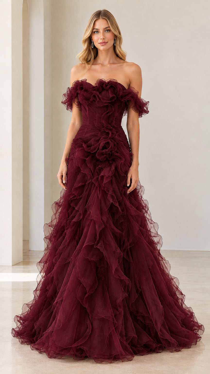 Full-length view of burgundy red off-the-shoulder tiered ruffle evening gown