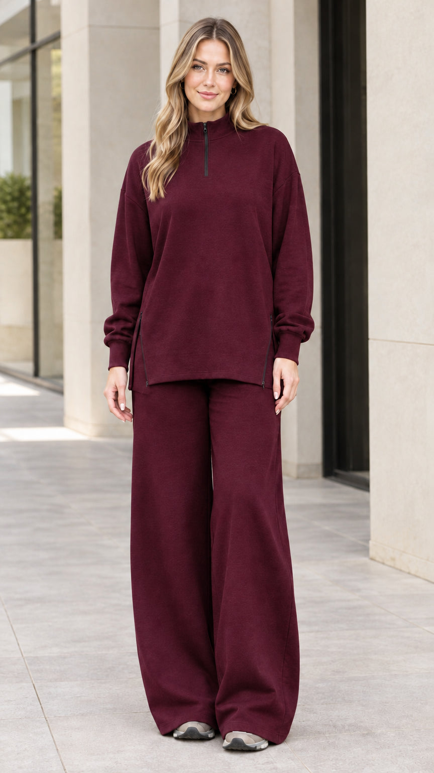 Women's burgundy red half-zip pullover and high-waisted wide-leg lounge pants