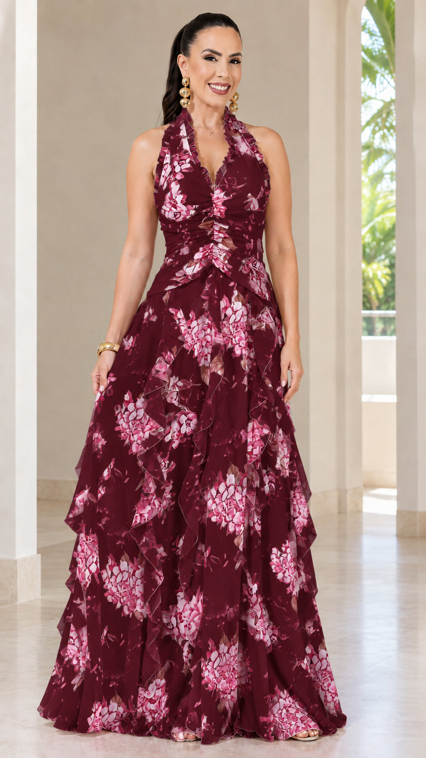 Full-length view of burgundy floral halter neck tiered maxi dress