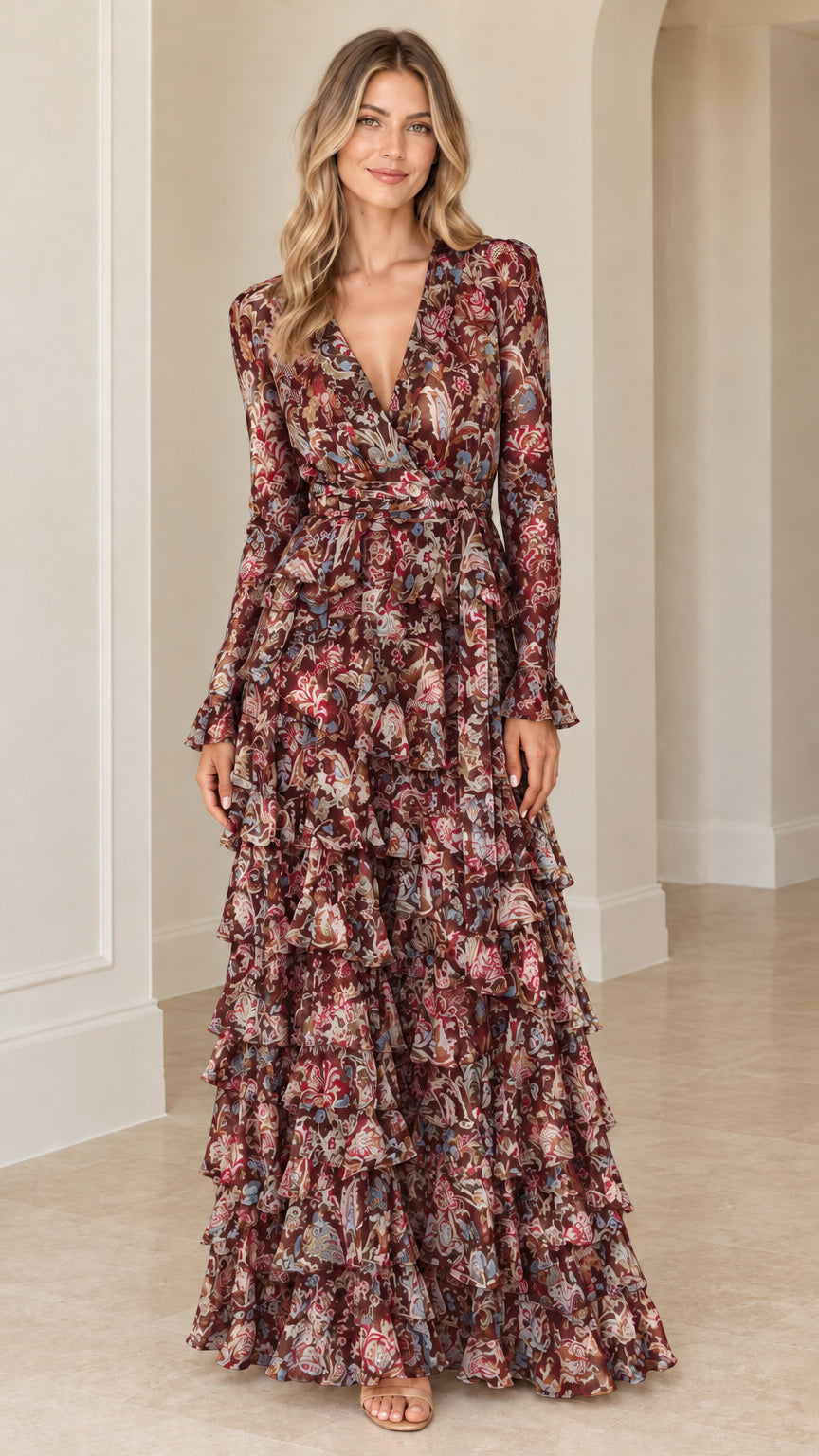 Model wearing burgundy wine floral print tiered ruffle long sleeve maxi dress