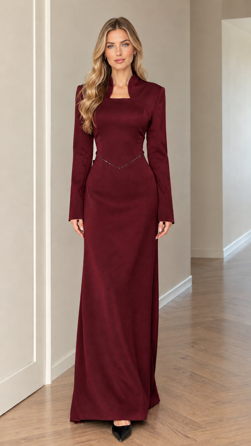 Front full-length view of model wearing Burgundy long sleeve evening gown