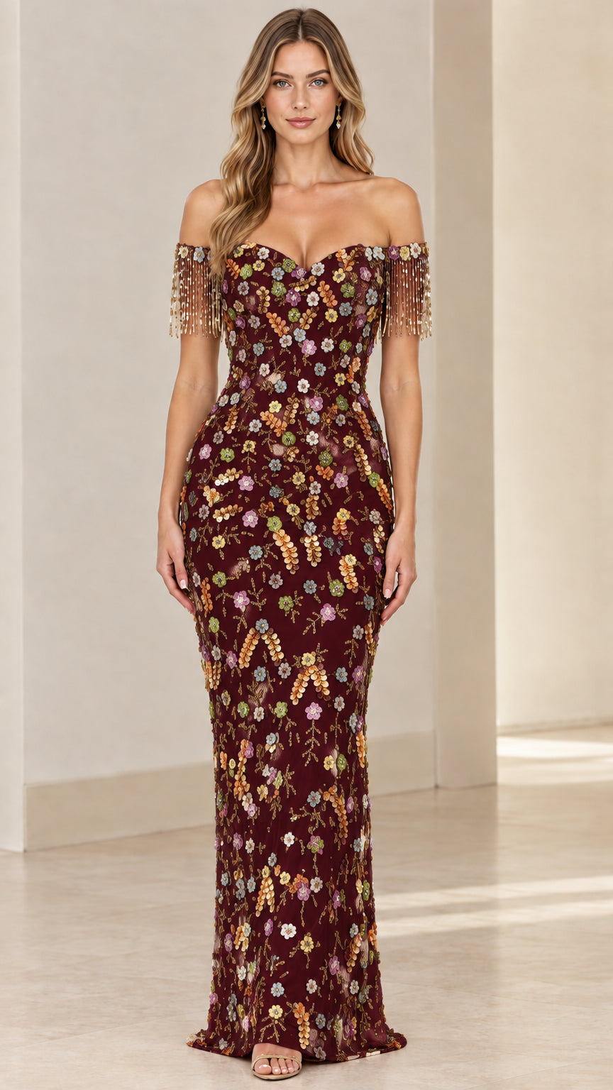 Burgundy floral sequin embroidered off-the-shoulder evening gown with beaded fringe