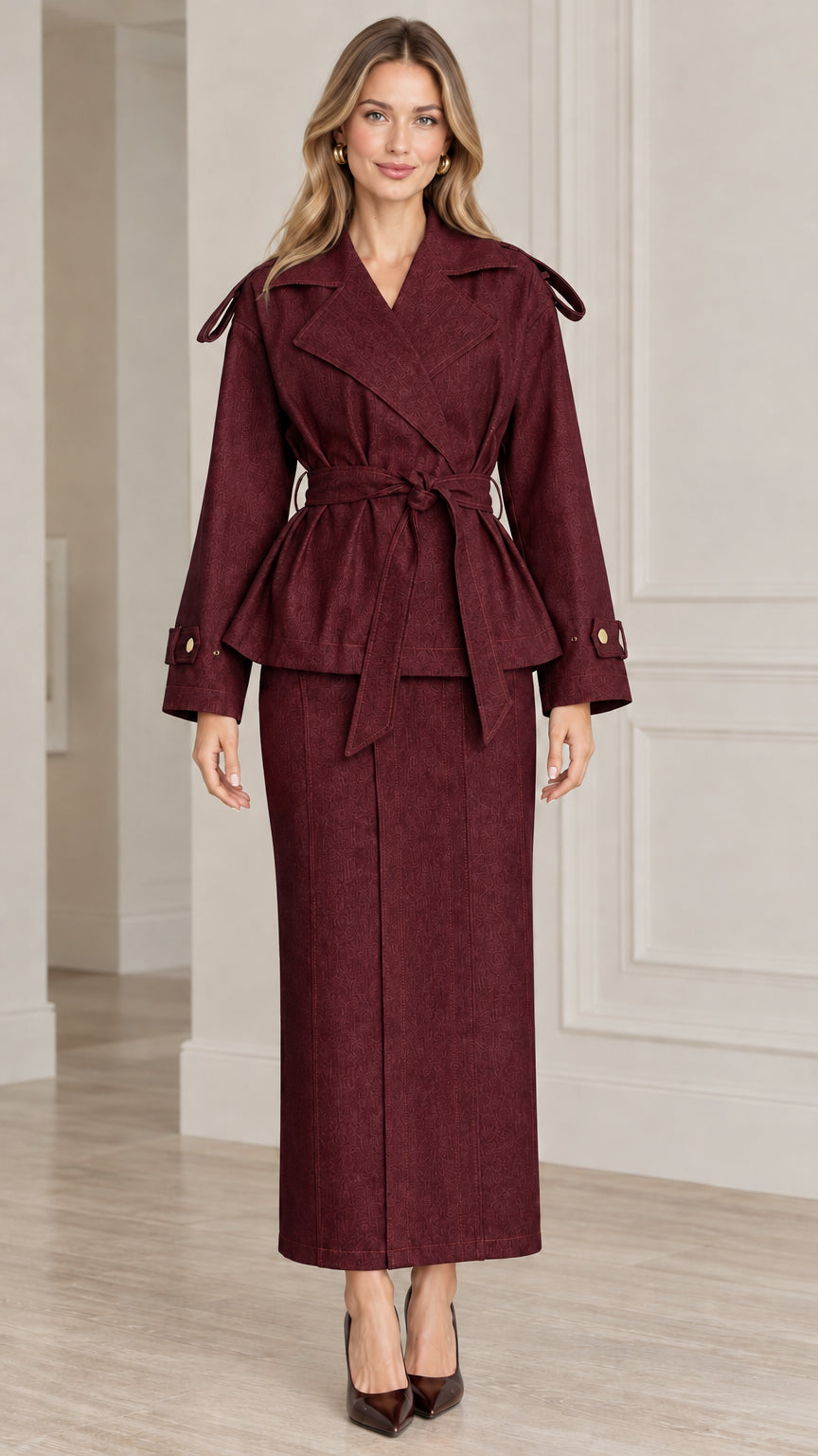 Front view of model wearing Burgundy wine belted trench jacket and maxi skirt set