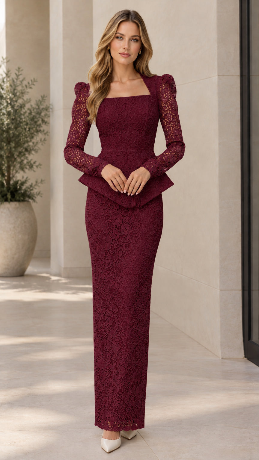 Burgundy wine long sleeve floral lace peplum maxi dress front view
