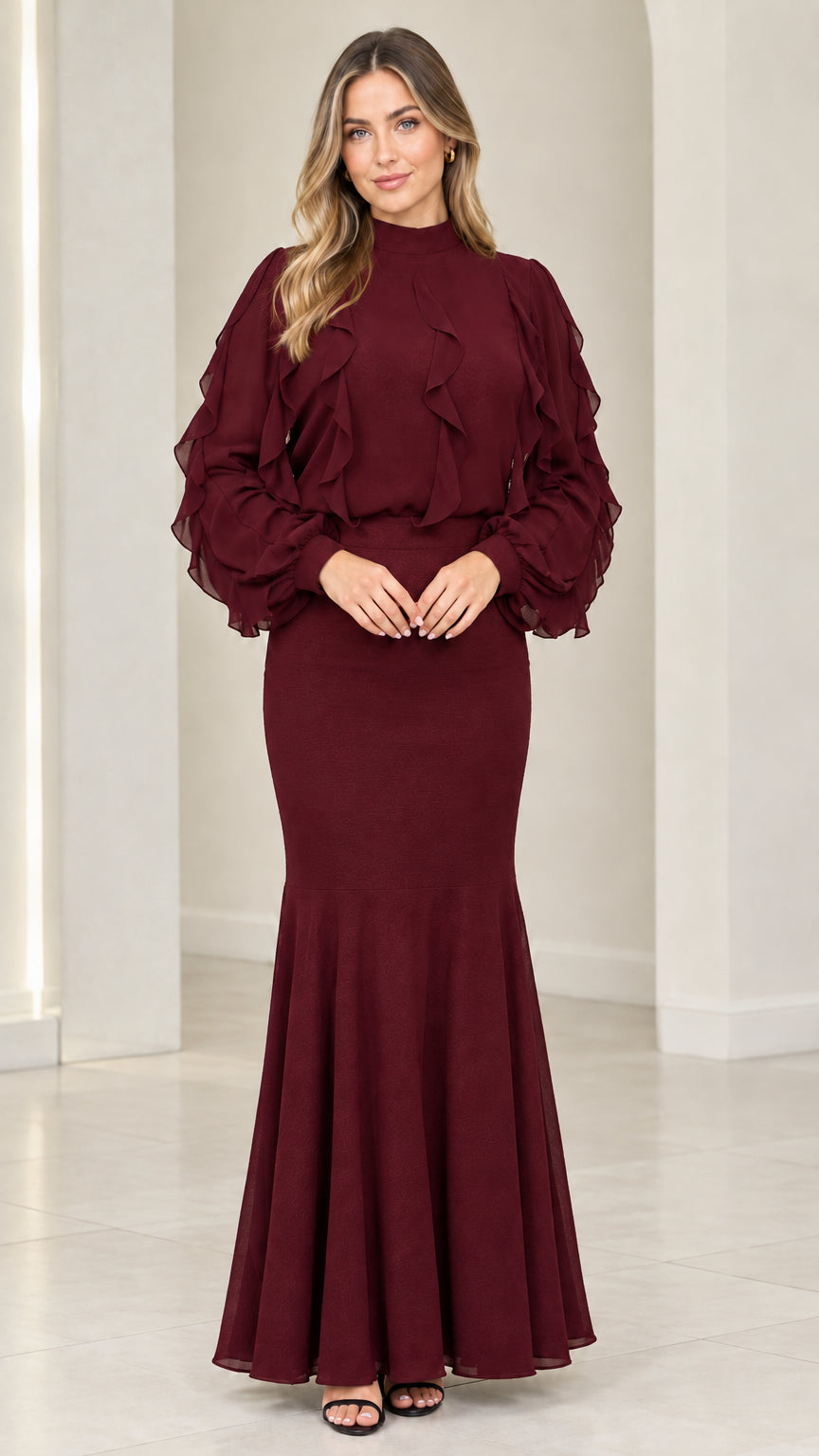 Burgundy wine mock neck ruffle sleeve mermaid evening maxi dress