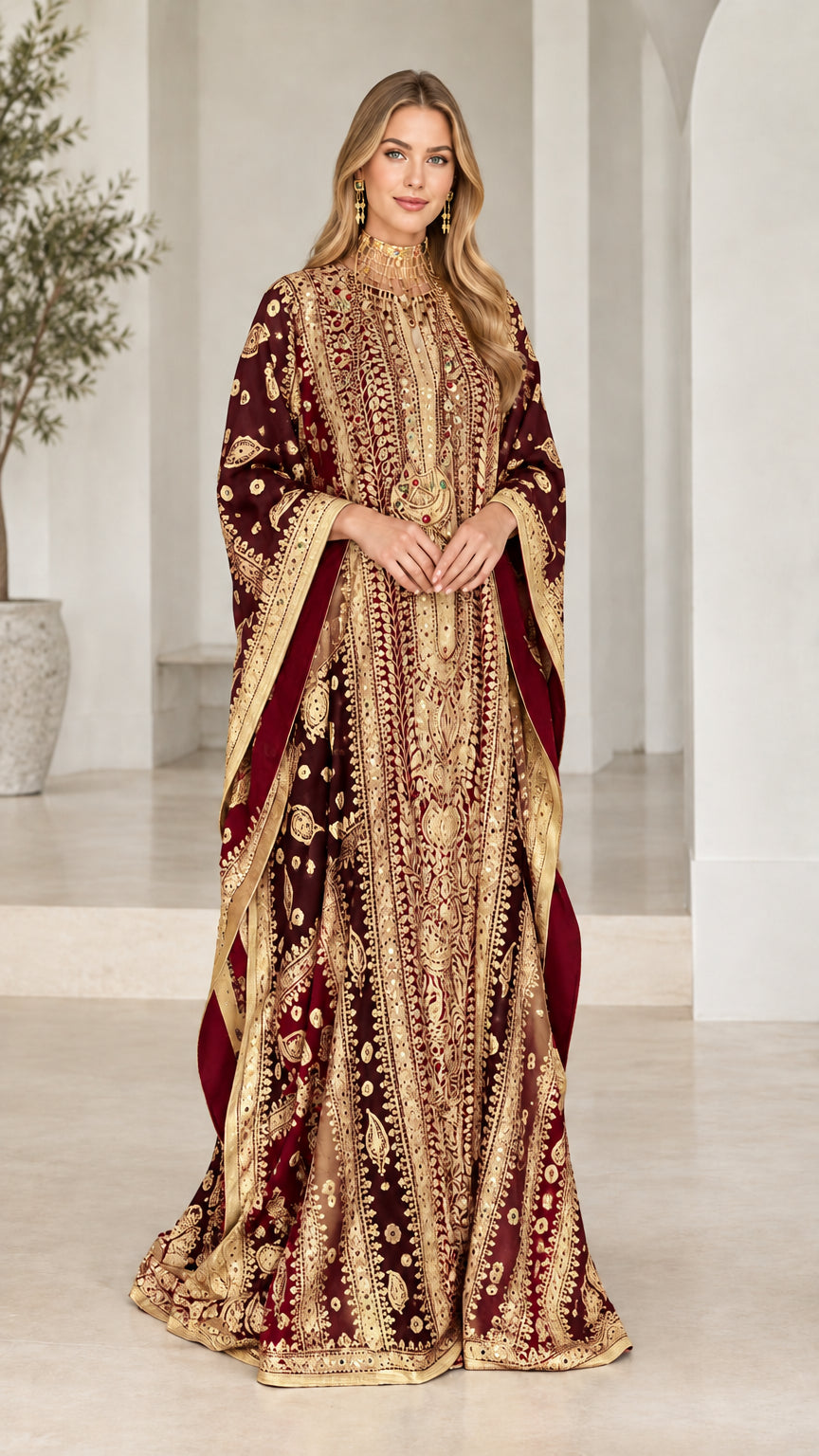 Deep burgundy wine gold embroidered luxury kaftan gown