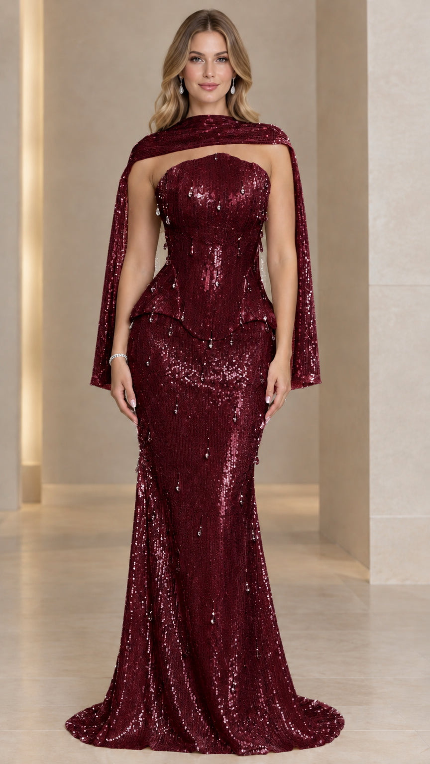 Burgundy wine red sequin mermaid gala gown with shoulder cape