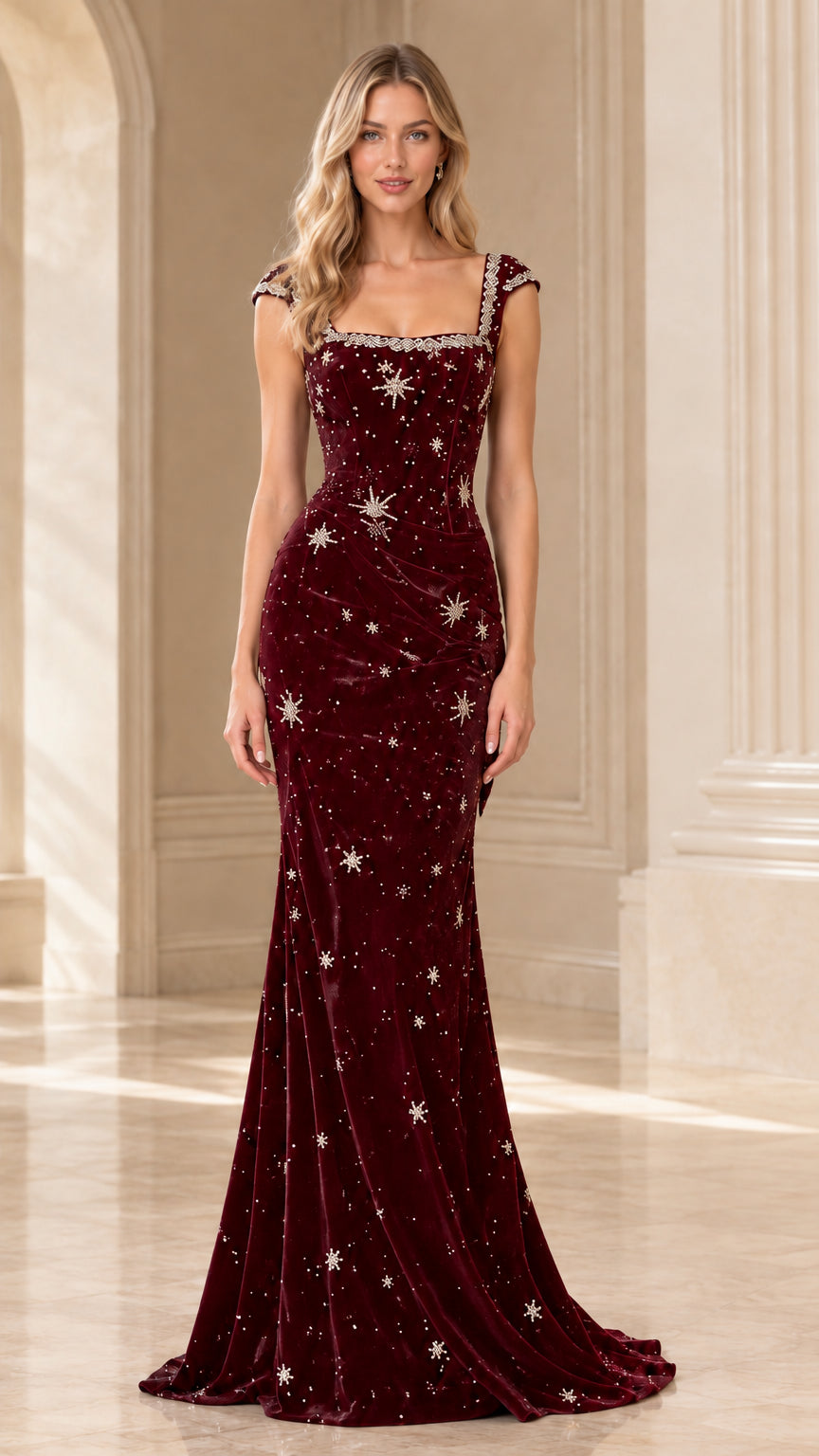 Burgundy wine red velvet celestial starburst beaded mermaid gown