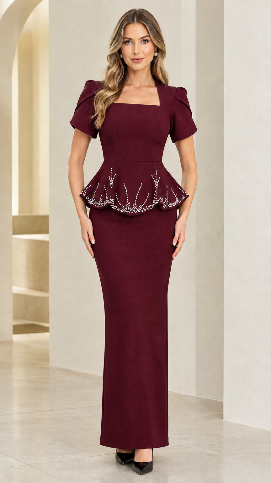Burgundy wine red square neck rhinestone peplum evening gown