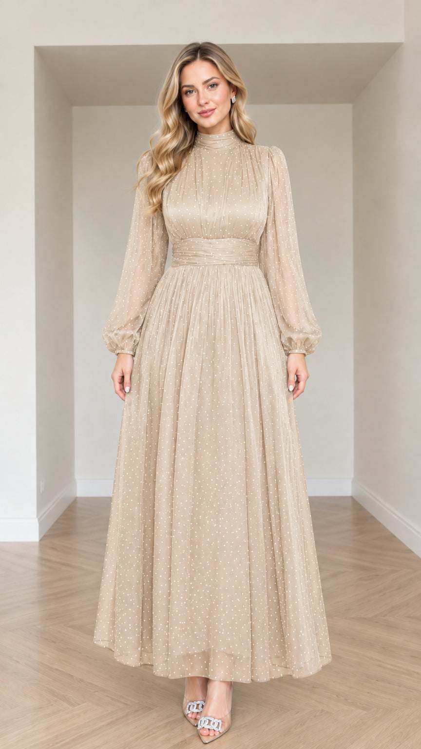 Front view of woman wearing Champagne gold shimmer mock neck pleated maxi dress