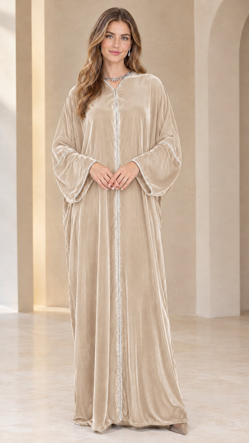 Champagne beige velvet embellished maxi abaya dress front view