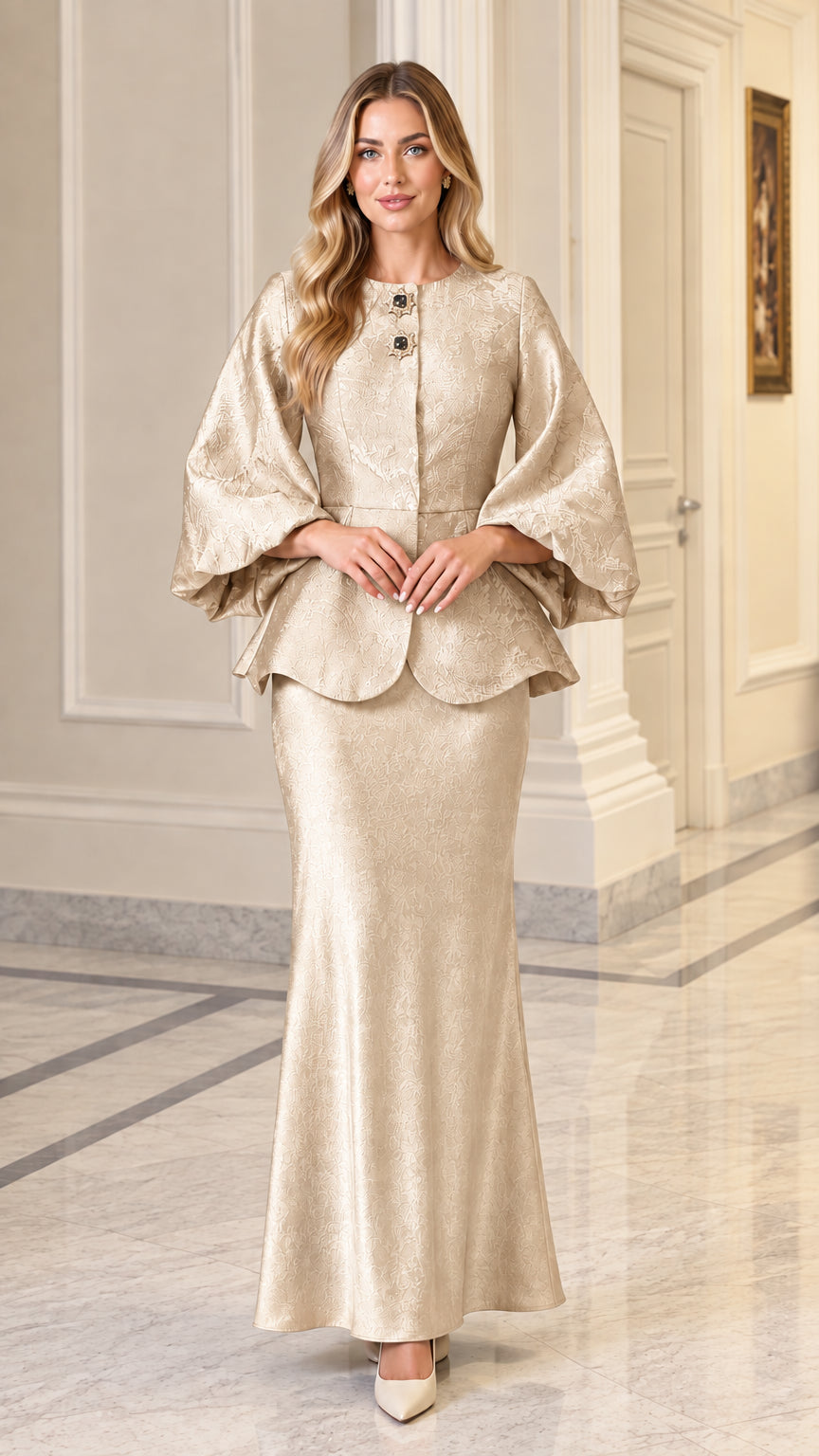 Model wearing champagne gold jacquard peplum skirt suit set