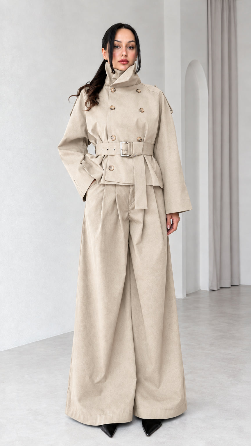 Model wearing Beige belted trench jacket and wide-leg matching pant set