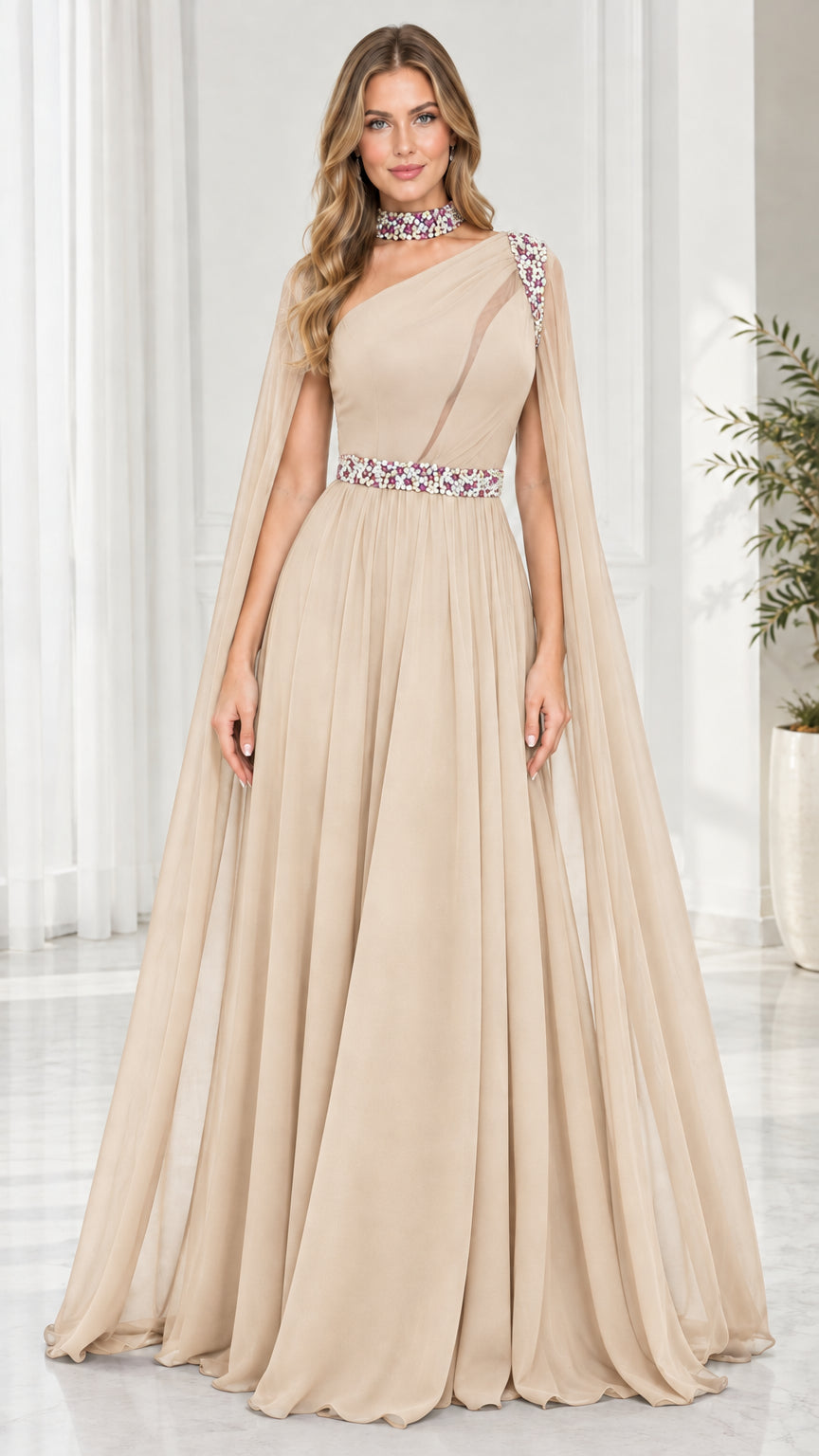 Front view of model in Champagne one-shoulder cape formal gown