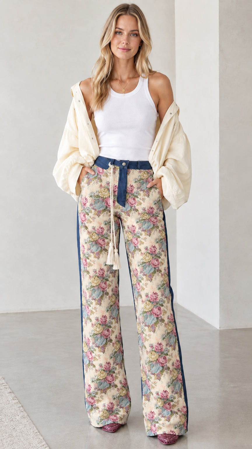 Model wearing Beige Floral wide-leg pants with tassel drawstring