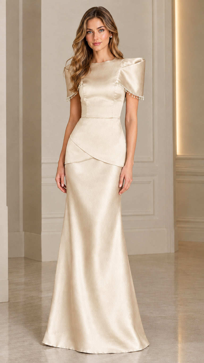 Champagne gold satin maxi evening dress with elegant beaded sleeve accents