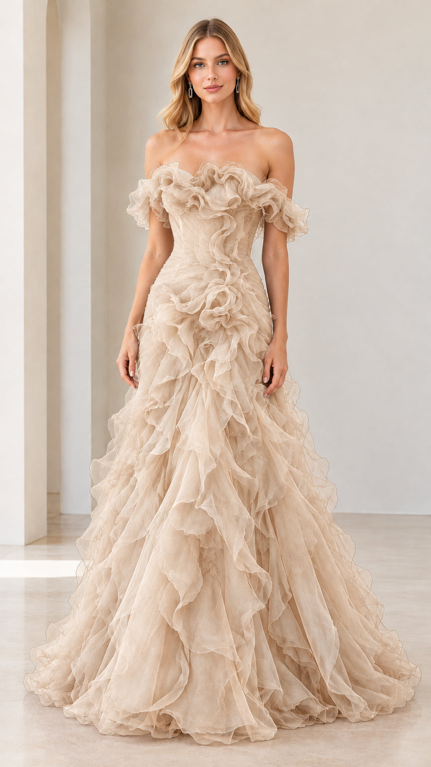 Full-length view of champagne beige off-the-shoulder tiered ruffle ball gown