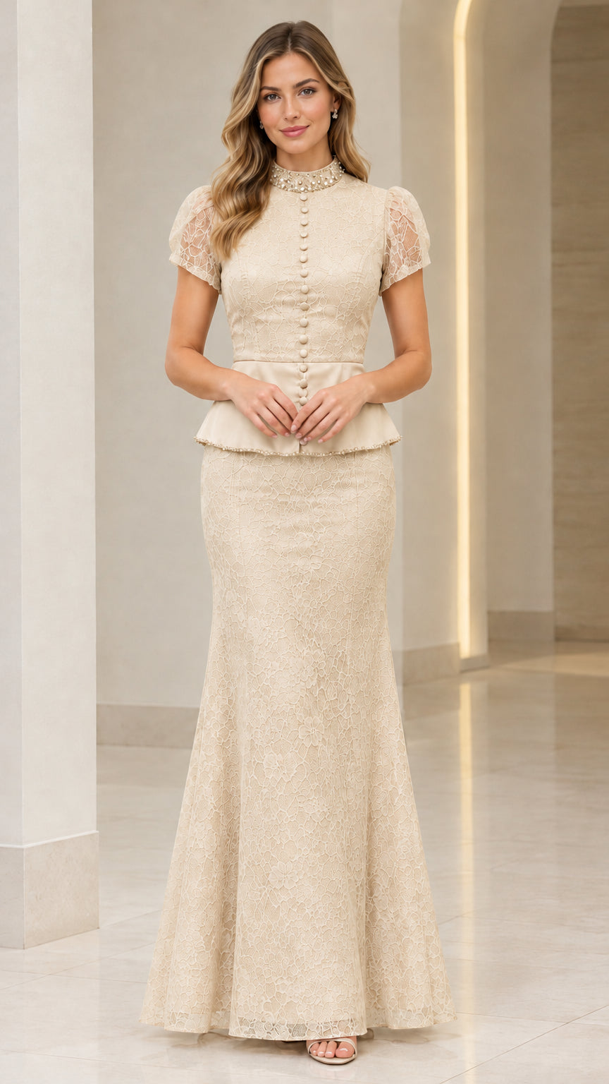 Champagne beaded high neck peplum lace evening dress front view