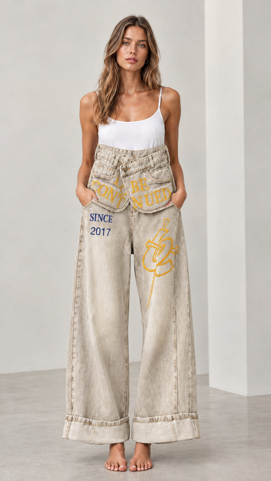 Front full view of Sand Beige Fold-Over Waist Graphic Wide-Leg Jeans