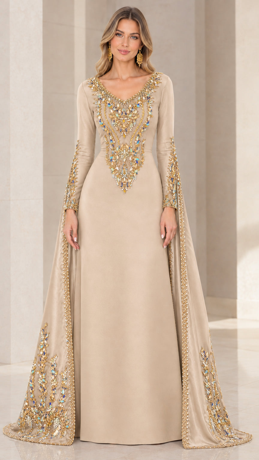 Front view of champagne beige beaded cape sleeve evening gown