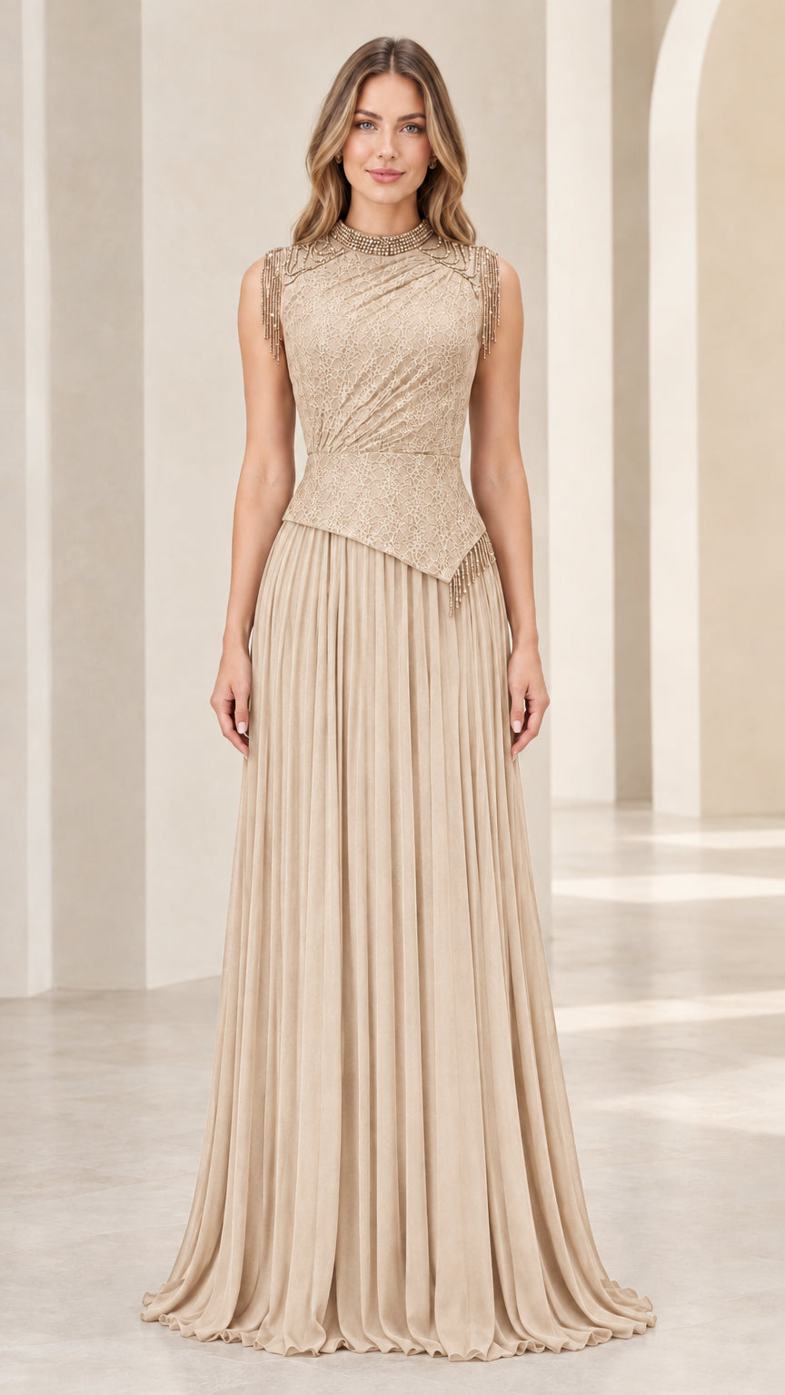 Model wearing champagne gold beaded high neck pleated evening dress