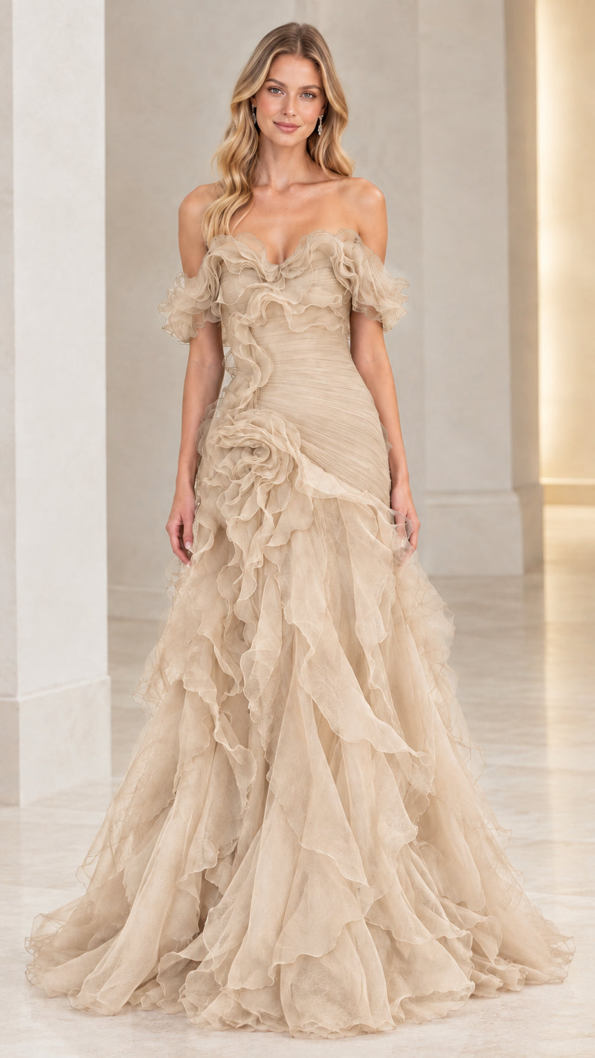 Model wearing champagne beige off-the-shoulder tiered ruffle tulle ball gown