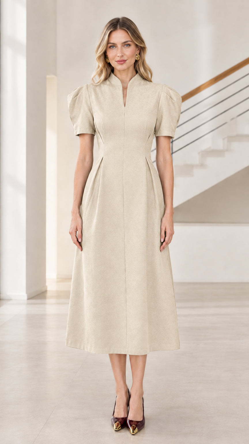 Front view of model wearing beige cream mandarin collar puff sleeve A-line midi dress